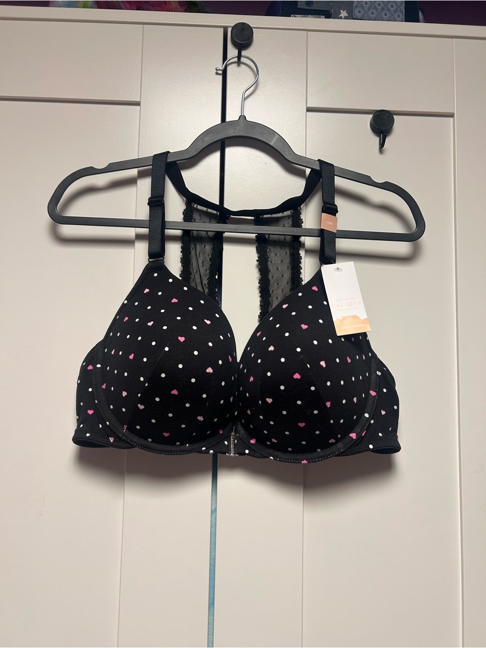 Cacique Black T-Shirt Bra with Pink & White Heart Print